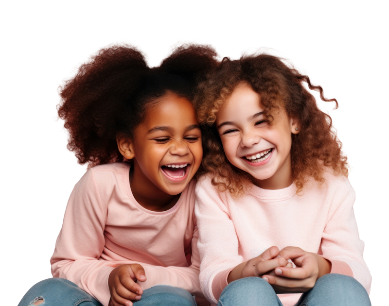 two young girls sit and laugh together